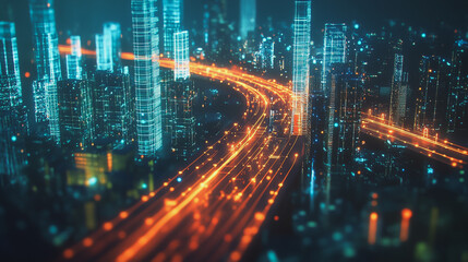 Fototapeta premium Smart digital Innovation city with connection network reciprocity over the cityscape. of future smart wireless digital city and social media networking systems that connects people with in city