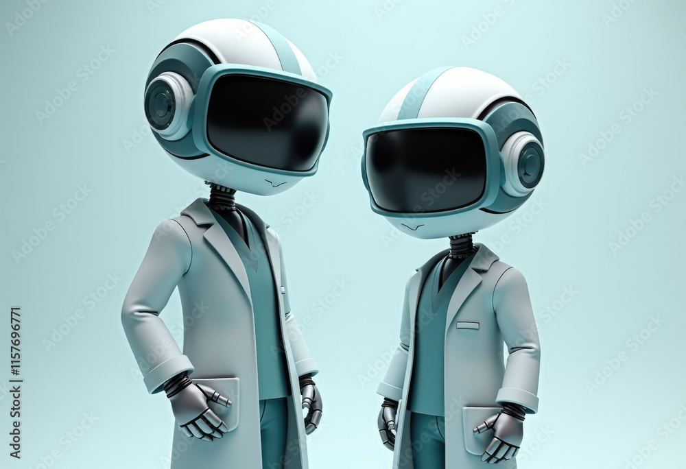 Poster Two robots wearing lab coats and helmets stand side by side.