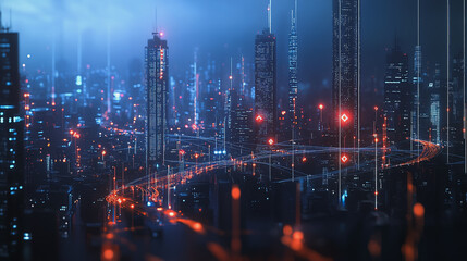 Fototapeta premium Smart digital Innovation city with connection network reciprocity over the cityscape. of future smart wireless digital city and social media networking systems that connects people with in city