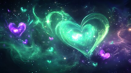 Cosmic green and purple Valentine theme with glowing nebula-like hearts, radiant starlit patterns and swirling galactic details