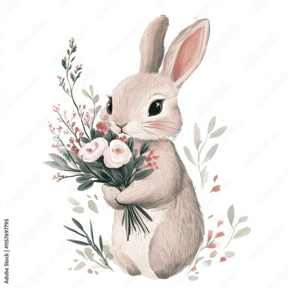 Poster Cuddly rabbit holding a colorful bouquet of flowers with ample space for text and decoration. Generative AI