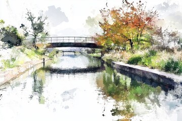 Watercolor painting of a bridge crossing a river with lush greenery and calm waters