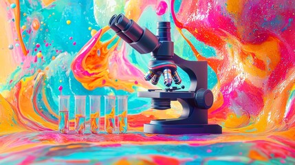 Colorful laboratory setting with a microscope and test tubes during a scientific experiment
