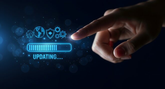 Modern software updating interface with progress display and touch interaction. Operating system upgrade, security patch installation - new features and technology enhancement