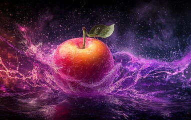 Bright red apple splashes into purple water creating vibrant droplets during an artistic water effect