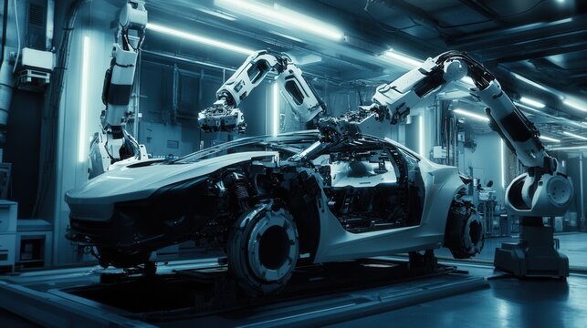 futuristic factory setting with robotic arms installing car components