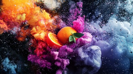Vibrant orange surrounded by colorful smoke and splashes of water in an artistic arrangement