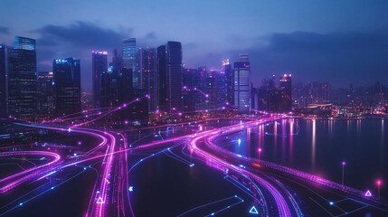 Fototapeta premium Smart digital Innovation city with connection network reciprocity over the cityscape. of future smart wireless digital city and social media networking systems that connects people with in city