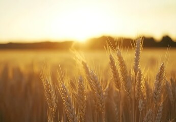 Naklejka premium Wheat field at sunset, golden wheat ears in the foreground with a blurred background of fields and trees.