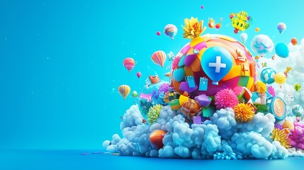 Colorful fantasy landscape filled with balloons, gifts, and whimsical elements against a vibrant blue background