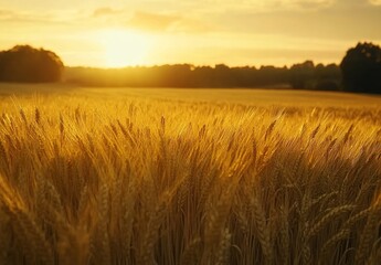 Obraz premium Wheat field at sunset, golden wheat ears in the foreground with a blurred background of fields and trees.