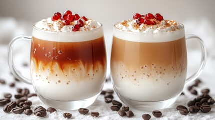 Two iced coffees with whipped cream and pomegranate seeds.