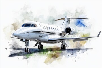 Watercolor illustration of a luxury private jet in flight