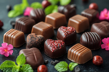 A selection of heart-shaped chocolates and candies displayed in a decorative arrangement with flowers and ribbons for Valentine's Day