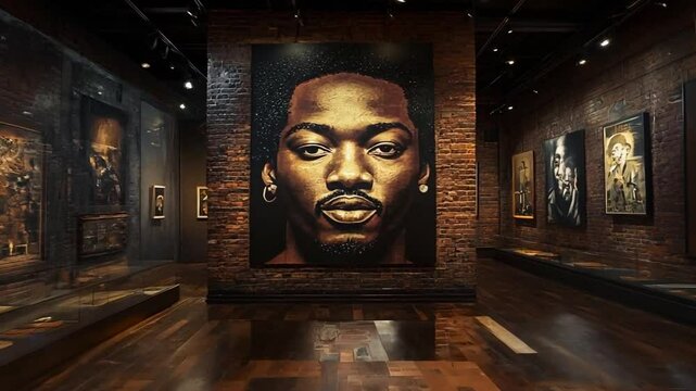 A Dark Museum Exhibit Featuring Portraits and Historical Artifacts