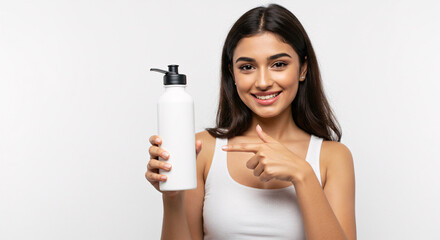 A beautiful girl pointing at a bottle of water