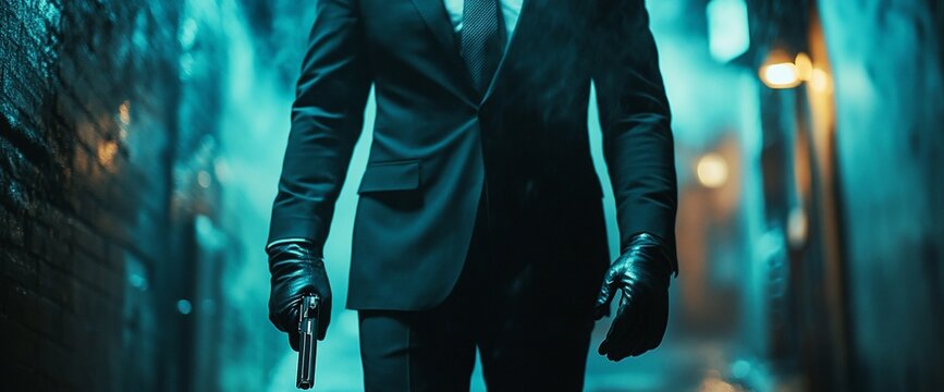 A mysterious figure in a suit holding a gun in a dimly lit alleyway.