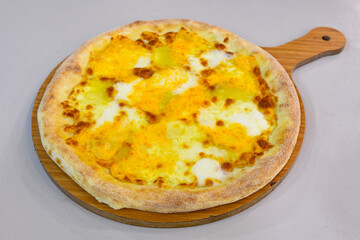 Traditional Turkish cuisine. Pizza, pita, pidesi, sucuk, hummus, kebab. Many dishes on the table. Serving dishes in restaurant. Margherita,  mix, formaggi, veggie karisik pizza. Top view, flat lay