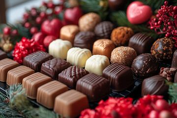 A selection of heart-shaped chocolates and candies displayed in a decorative arrangement with flowers and ribbons for Valentine's Day