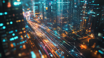 Obraz premium Smart digital Innovation city with connection network reciprocity over the cityscape. of future smart wireless digital city and social media networking systems that connects people with in city