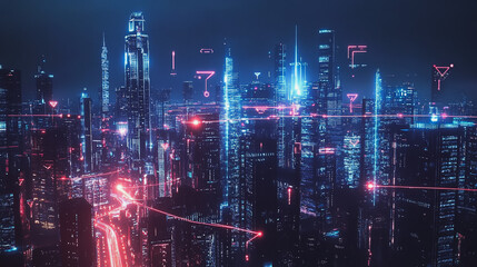 Smart digital Innovation city with connection network reciprocity over the cityscape. of future smart wireless digital city and social media networking systems that connects people with in city