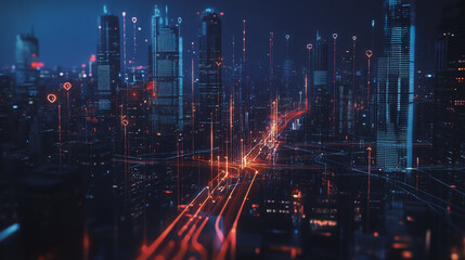 Fototapeta premium Smart digital Innovation city with connection network reciprocity over the cityscape. of future smart wireless digital city and social media networking systems that connects people with in city