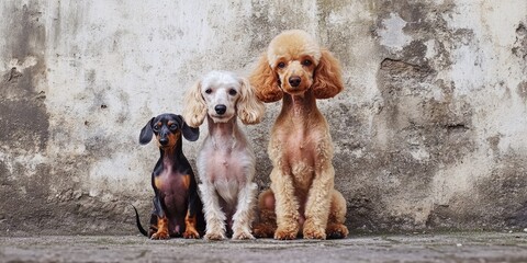 A group of three dogs sitting side by side, showing companionship and friendship
