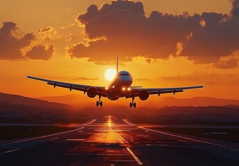 Naklejka premium A plane taking off at sunset, symbolizing the joy of travel and new adventures
