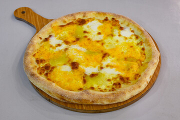 Traditional Turkish cuisine. Pizza, pita, pidesi, sucuk, hummus, kebab. Many dishes on the table. Serving dishes in restaurant. Margherita,  mix, formaggi, veggie karisik pizza. Top view, flat lay