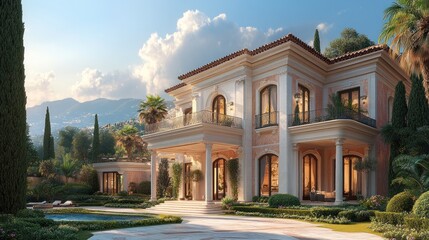 Obraz premium Luxurious Mediterranean villa with pool and mountain view at sunset.