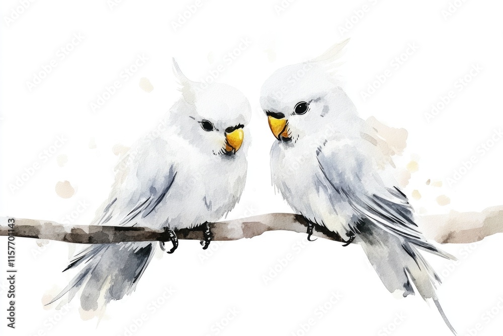 Poster two white birds perched on a tree branch, possibly in a forest or garden setting