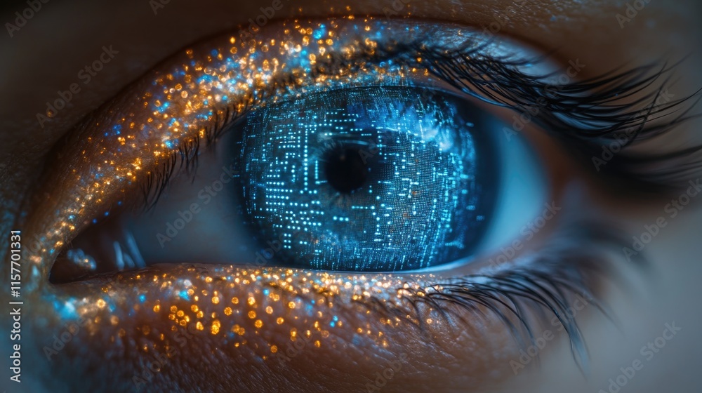 Poster a close-up shot of a person's eye featuring a computer chip implanted in the iris