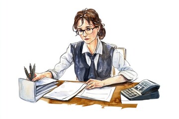 Fototapeta na wymiar A person sitting at a desk with a laptop and calculator, ideal for office or study scenes