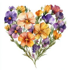 Watercolor Wild Flowers in Shape of Heart Isolated on White Background 