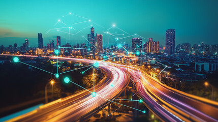 Obraz premium Smart digital Innovation city with connection network reciprocity over the cityscape. of future smart wireless digital city and social media networking systems that connects people with in city