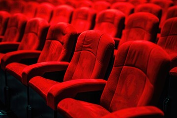 Fototapeta premium Red Theater Seating: Comfortable Armchairs in Empty Cinema Hall for Premiere Showtime