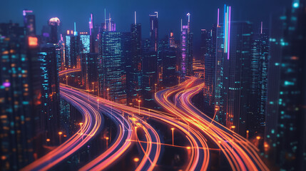 Fototapeta premium Smart digital Innovation city with connection network reciprocity over the cityscape. of future smart wireless digital city and social media networking systems that connects people with in city