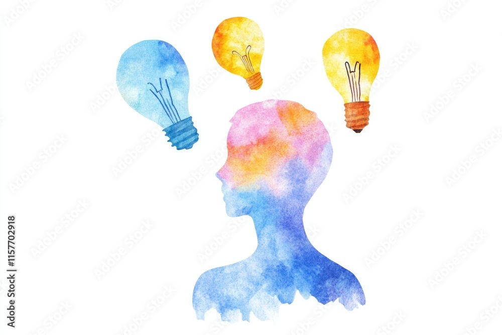 Poster portrait of a person with a light bulb shining above, ideal for use in illustrations and educational