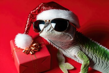 A reptile wearing festive holiday attire and cool shades, great for winter or Christmas-themed projects