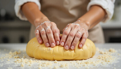 Hands kneading dough on a kitchen countertop