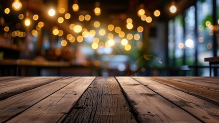 Retro Wooden Table in Ambient Bar Setting with Blurred Bokeh Lights