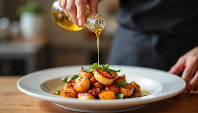 Hand pouring olive oil over scallops on a white plate