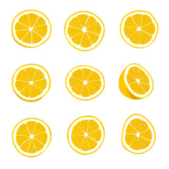 Icon lemon. Set fresh lemon fruits and slice. Isolated on white background. Vector