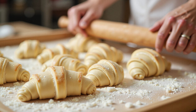 Baker preparing croissants on wooden countertop