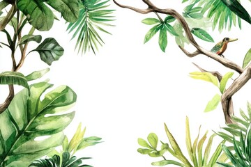 Obraz premium A watercolor illustration of a bird sitting comfortably on a tree branch, surrounded by foliage