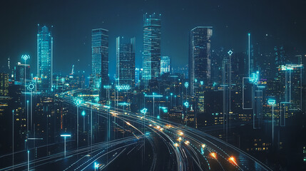 Fototapeta premium Smart digital Innovation city with connection network reciprocity over the cityscape. of future smart wireless digital city and social media networking systems that connects people with in city