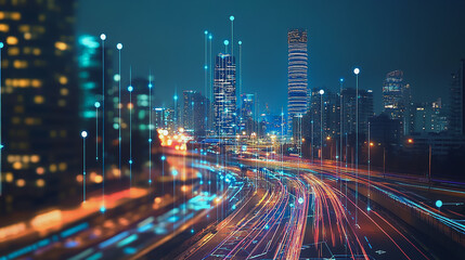 Fototapeta premium Smart digital Innovation city with connection network reciprocity over the cityscape. of future smart wireless digital city and social media networking systems that connects people with in city