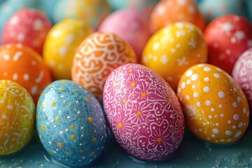 Fototapeta premium A collection of brightly colored Easter eggs displayed on a table, perfect for decorative or gift purposes