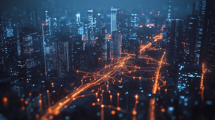 Obraz premium Smart digital Innovation city with connection network reciprocity over the cityscape. of future smart wireless digital city and social media networking systems that connects people with in city