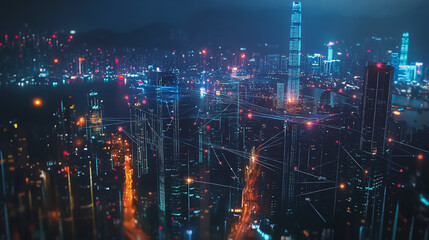 Fototapeta premium Smart digital Innovation city with connection network reciprocity over the cityscape. of future smart wireless digital city and social media networking systems that connects people with in city